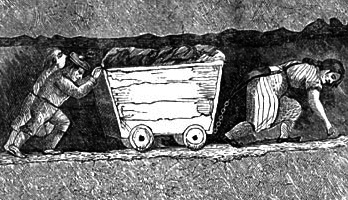 在坑道中推動載滿煤炭礦車的成人與年幼勞動者，出自1853年的畫冊《英格蘭白奴》。
